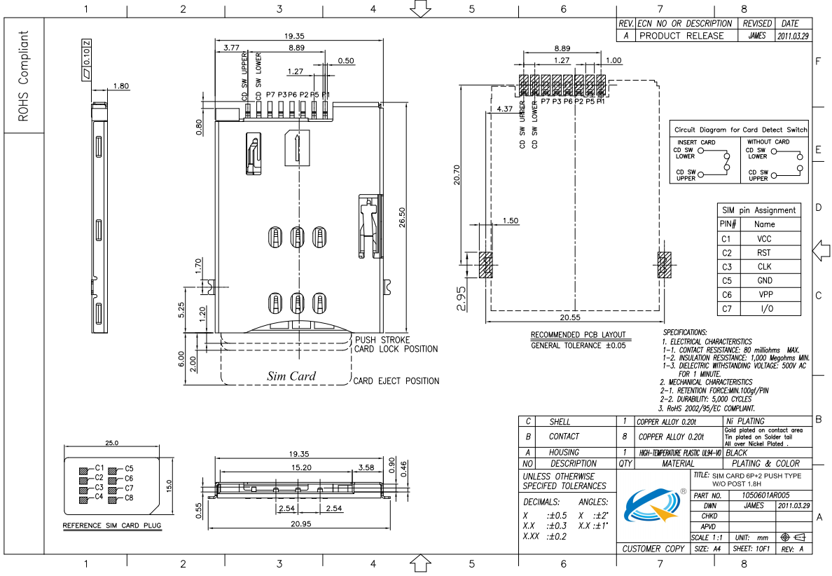 SIM CARD自弹6p+2p带侦测常开卡座图纸