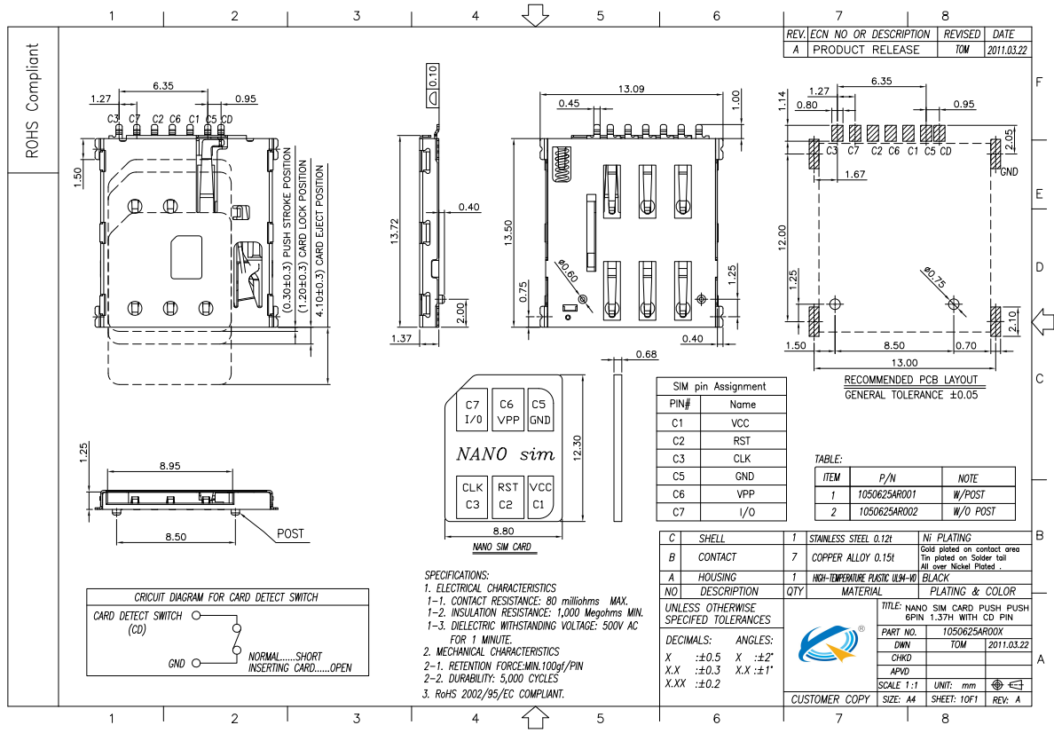 NANO SIM自弹式6+1P 1.37H常闭开关卡座图纸