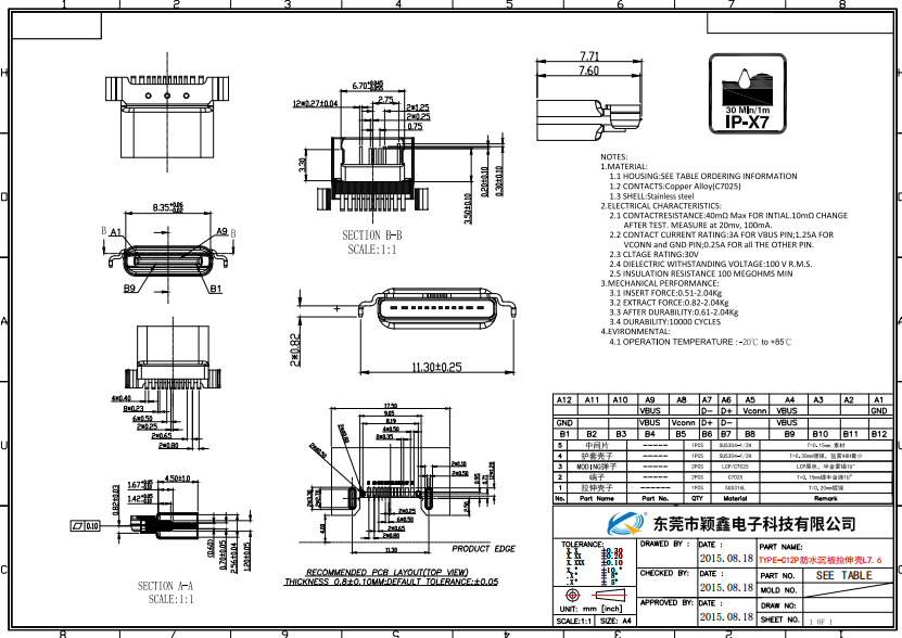 TYPE-C12P防水沉板母座拉伸壳H7.6图纸